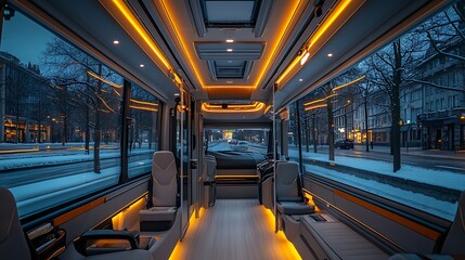 Interior view of a modern bus with comfortable seats and warm lighting.