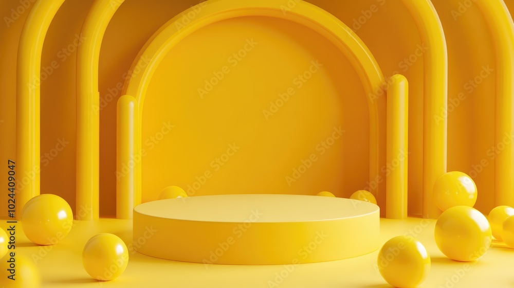Poster 3D rendering background featuring a podium with yellow circles