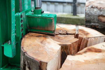 Hydraulic wood chopper splitting a big tree stump , close up