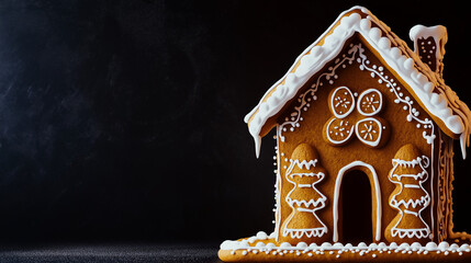 The gingerbread house stands elegantly with white icing details, embodying a whimsical yet dark Christmas spirit perfect for holiday festivities, copy space