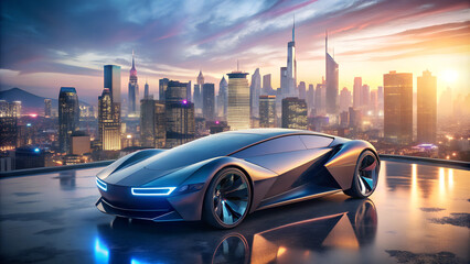 design of futuristic a car with light cityscape