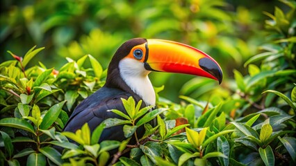 Fototapeta premium Toco toucan perched in lush rainforest vegetation in Pantanal bird eye view