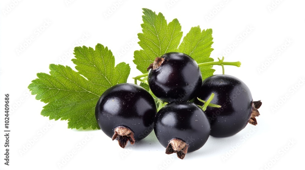 Poster black currant with green leaves isolated on a white background close up