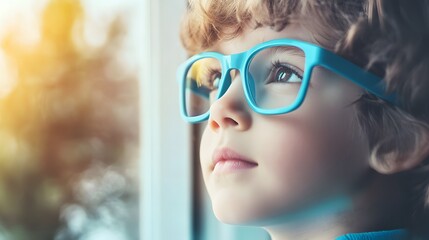 Young child wearing blue glasses focusing on distant tree outside window, symbolizing myopia prevention and importance of outdoor activities