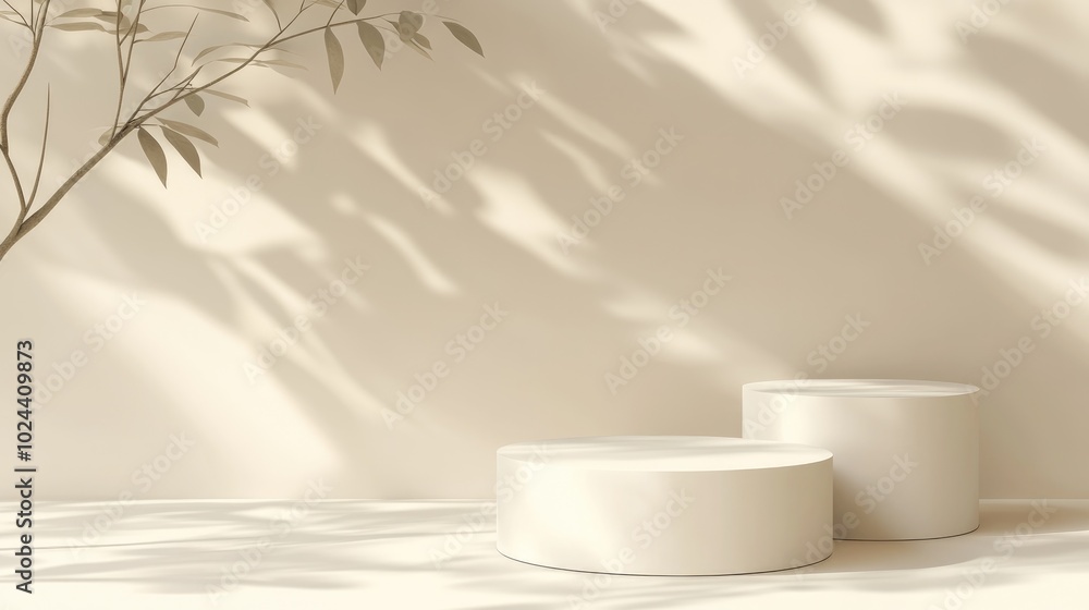 Poster 3D podium display in beige with a soft background and tree shadow summer product mockup illustration