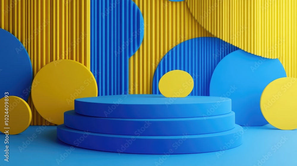 Aufkleber Abstract minimal scene featuring a blue backdrop with geometric yellow shapes for product showcase 3D rendering