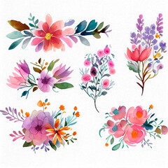 Fototapeta premium Collection of colorful floral bouquets with watercolor artistic style perfect for creative design