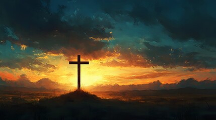 Fototapeta premium A lone wooden cross stands tall against a dramatic sunset sky.