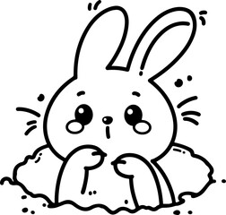 Cartoon rabbit peeking out of a burrow, hand-drawn in line art style. Vector illustration, isolated and perfect for kid's designs, playful projects, and woodland themes.