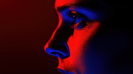 Dramatic portrait of person with red blue lighting