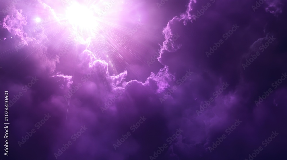 Poster Abstract alien sky with a black background featuring a purple soft focus blur that creates an illusion of round clouds and a bright lens flare effect leaving space for text and logo