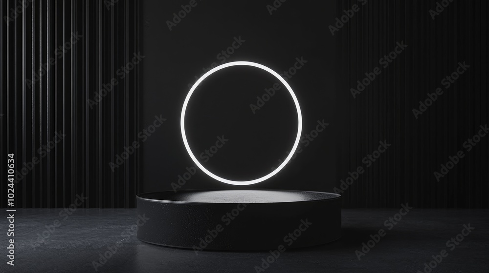 Poster Black 3D cylinder podium featuring a glowing white neon circle Abstract geometric forms with a minimalistic scene for stage display and product mockup