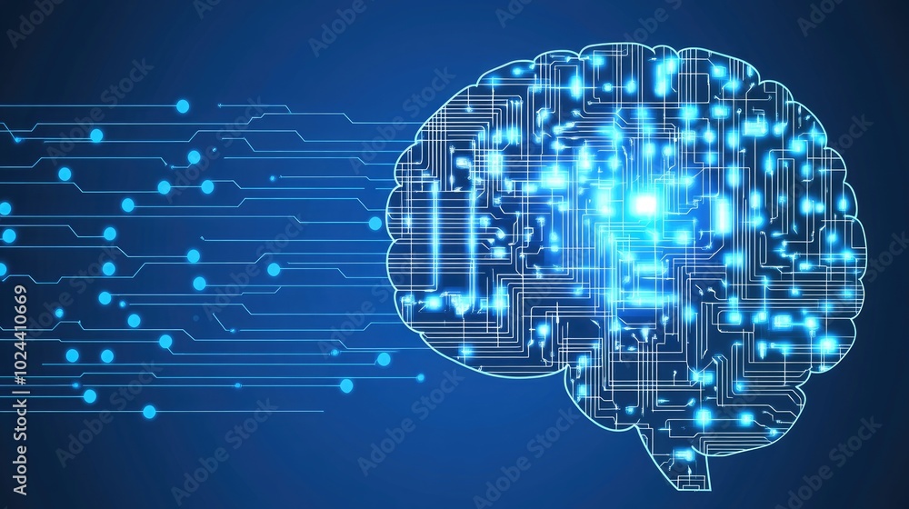Poster abstract brain connected to a network of electronic circuits, symbolizing the evolution of human int