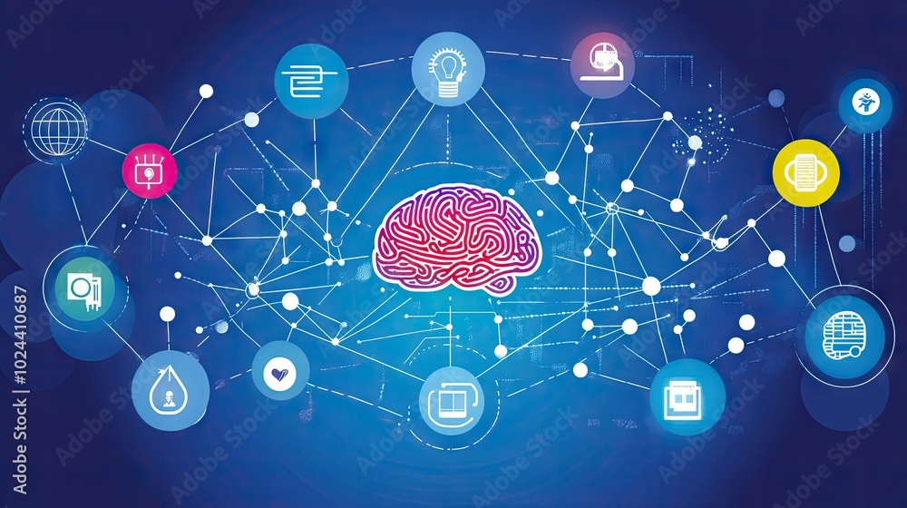 Poster abstract brain connected to a network of electronic circuits, symbolizing the evolution of human int