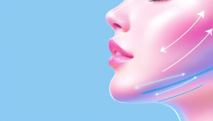 A digital illustration of a womans face with arrows and lines showing the areas of skin that are tightened during a facial contouring procedure.