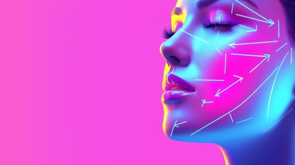 Obraz premium A digital illustration of a womans face with arrows and lines showing the areas of skin that are tightened during a facial contouring procedure.