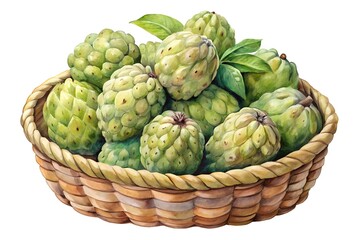 Obraz premium Watercolor hand drawn Lots of Custard apple in a basket on white background