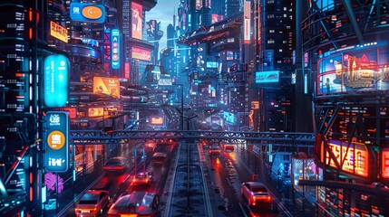 The bustling street features self-driving cars, drones, and intelligent traffic lights illuminating a vibrant urban environment at night. Generative AI