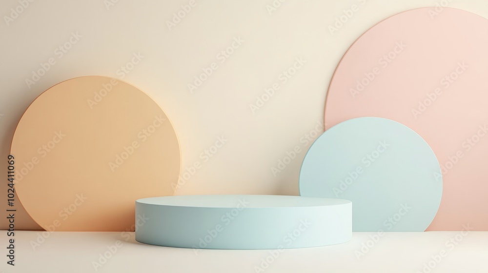 Poster 3D rendered abstract background featuring geometric shapes and a pastel colored podium in a minimal design