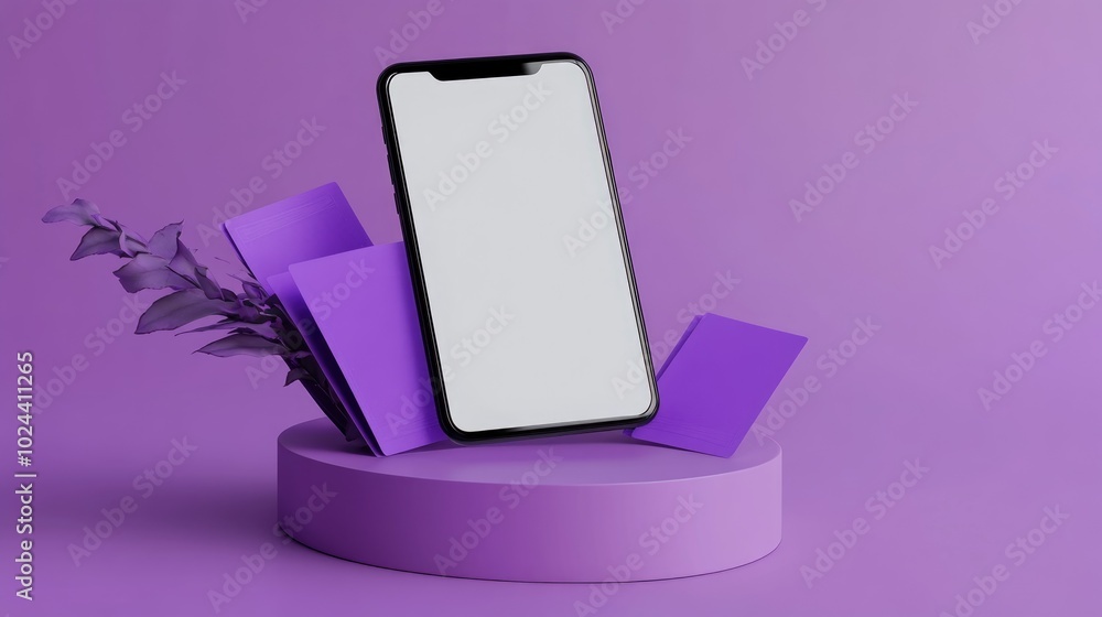 Poster 3d mockup of a smartphone displaying a blank screen alongside purple coupons on a pedestal 3d render