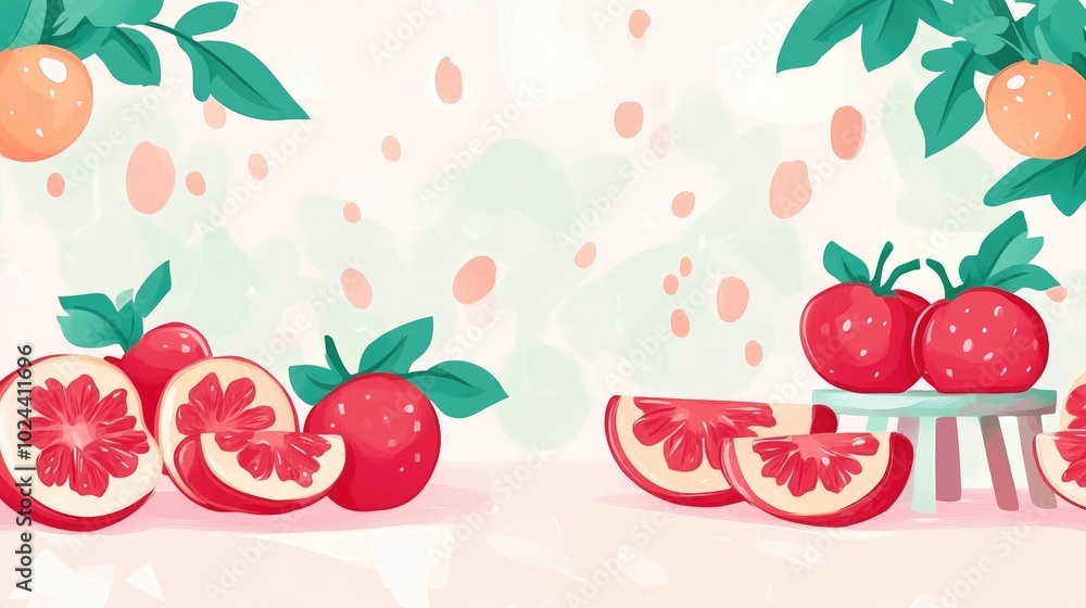 Poster Close up of sliced ripe blood oranges on a gray background showcasing their vibrant color and texture with space for text