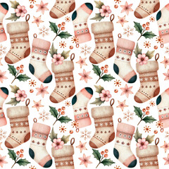 Christmas seamless pattern with candy sock backs. cute watercolor knitted socks, pink flowers, snowflakes and berries isolated on a white background 
