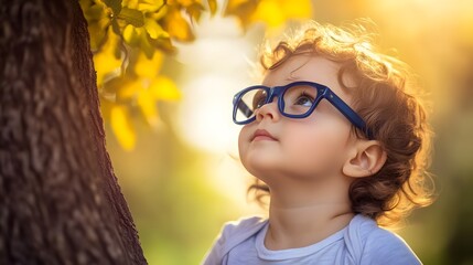 Young child wearing blue glasses focusing on distant tree outside window, symbolizing myopia prevention and importance of outdoor activities