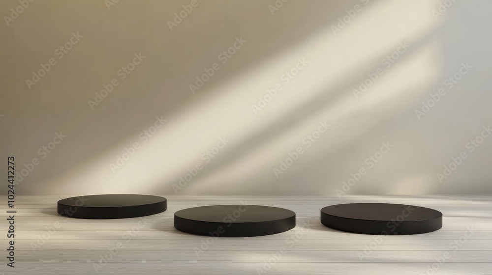 Aufkleber 3D rendering of four minimalistic empty podiums or pedestals featuring a blank display shelf for showcasing products