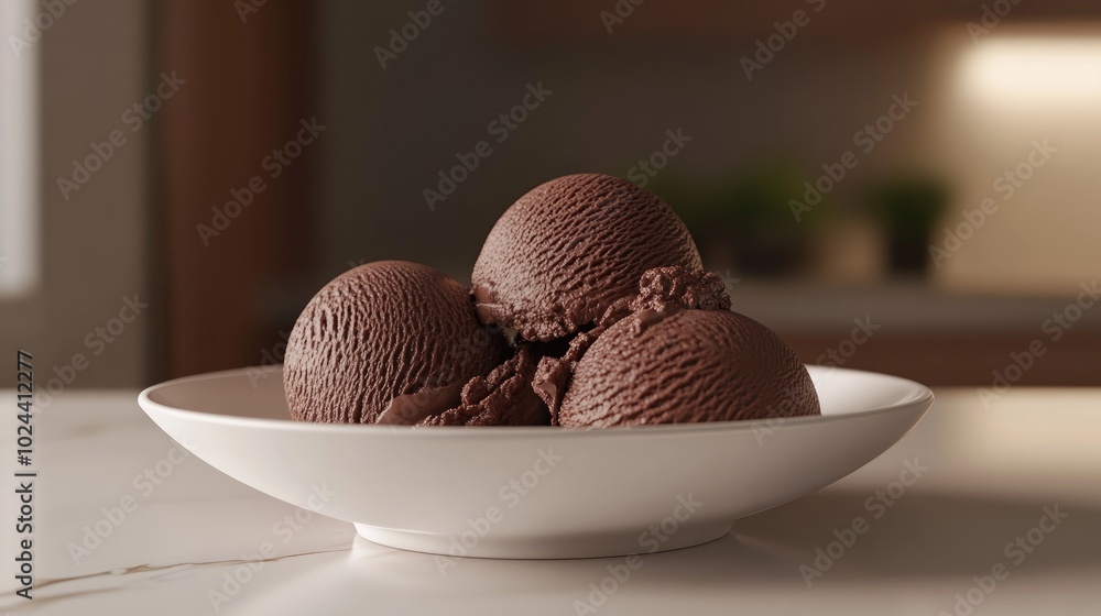 Poster 3D rendering of chocolate flavored ice cream displayed on a plate