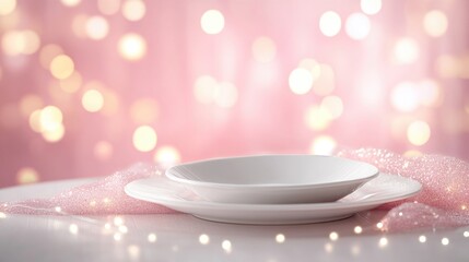 Christmas themed table arrangement featuring a white plate with bokeh lights set against a pink backdrop designed in a banner format