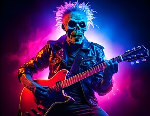 Obraz premium Scary punk rocker playing electric guitar during halloween party