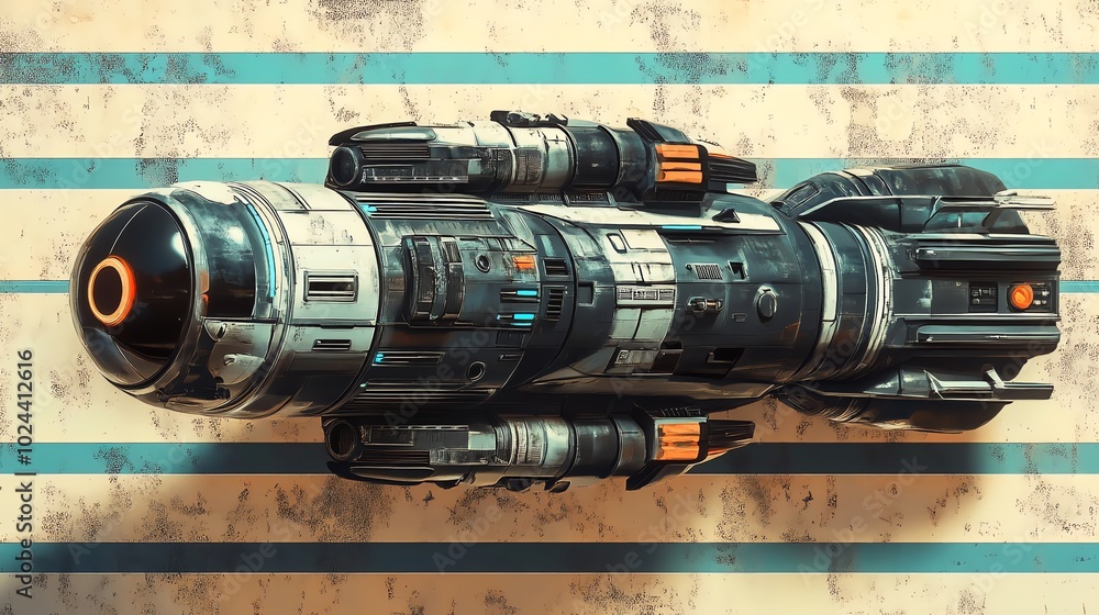 Poster a futuristic spaceship with a sleek design sits on a retro-style striped background.