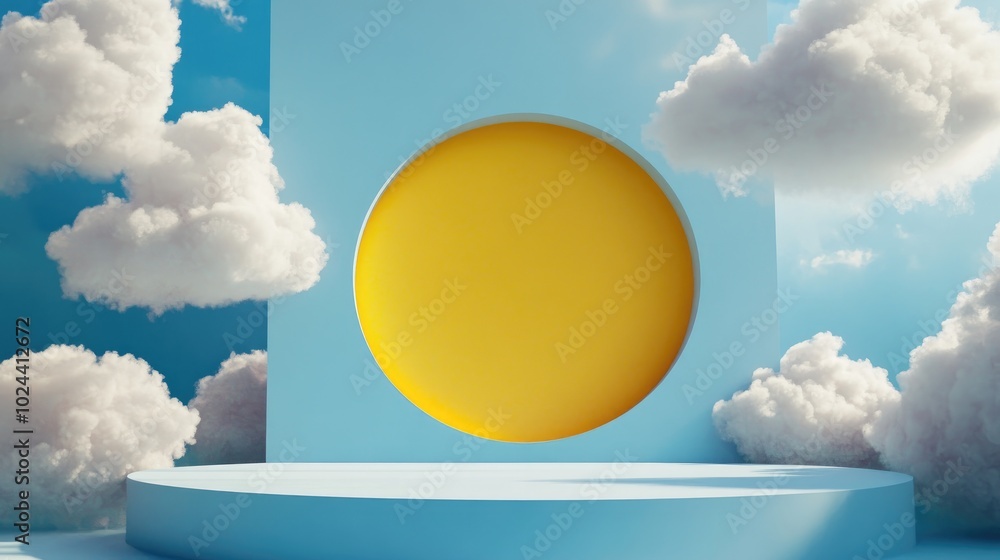 Aufkleber 3D rendering of an abstract blue background featuring white clouds and a yellow circular opening Geometric display scene with a blank podium stage designed for product showcasing