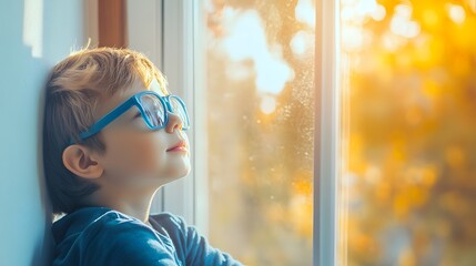 Young child wearing blue glasses focusing on distant tree outside window, symbolizing myopia prevention and importance of outdoor activities