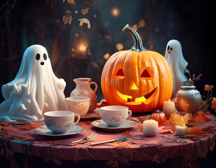 Ghosts having tea party at halloween night with jack o lantern