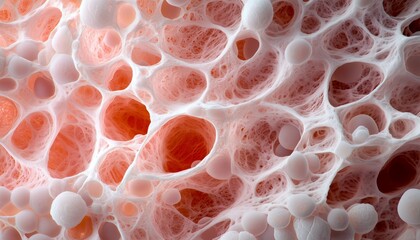 A microscopic 3D view of embryonic stem cell colonies, with layers of translucent cells forming a spherical mass, each cell with visible internal structures.