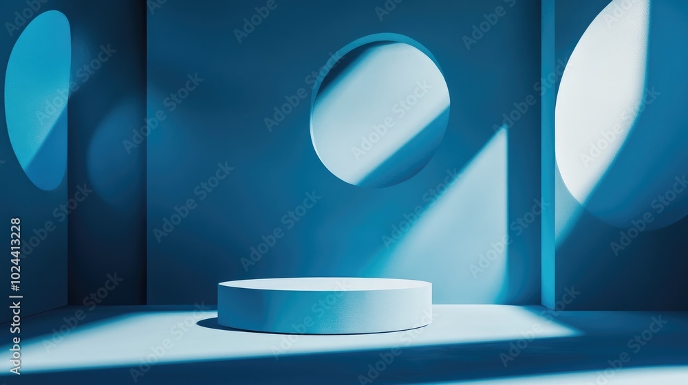 Poster Abstract blue podium display in a minimal light scene featuring geometric shapes in a 3D rendered illustration