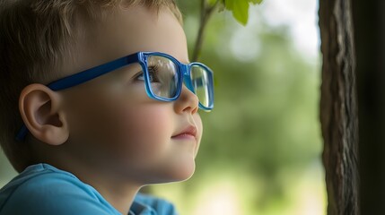Young child wearing blue glasses focusing on distant tree outside window, symbolizing myopia prevention and importance of outdoor activities