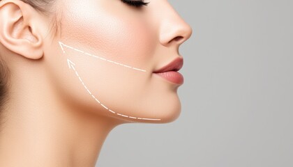 A profile view of a womans face with upward arrows and contour lines along her cheeks and jaw, symbolizing the effects of a non-invasive lift.