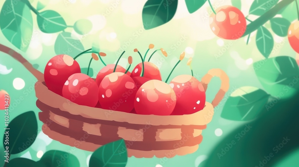 Poster close up of cherries on a wicker cradle