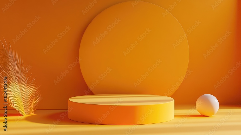 Poster 3D rendering of geometric shapes in a minimalistic scene featuring a yellow podium against an orange backdrop for showcasing products or fragrances