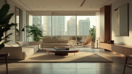 Fototapeta premium Modern living room with large windows showcasing city skyline and minimalist decor.
