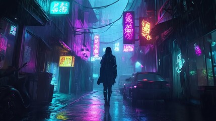 Obraz premium A lone figure walks down a neon-lit, rain-slicked street in a cyberpunk city.