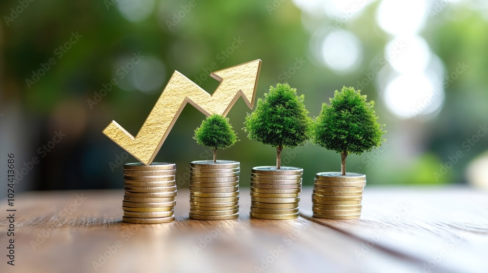 Poster coin stacks with an upward arrow and small trees growing, representing the flourishing relationship 