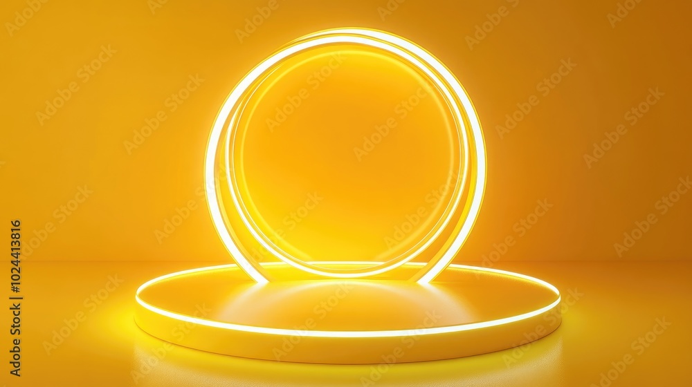 Poster 3d rendering of a yellow platform featuring glowing neon lights and transparent glass rings composit