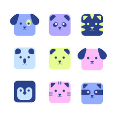 Set of vector illustrations of colorful cartoon animals dogs, cat, penguin, tiger, koala, raccoon