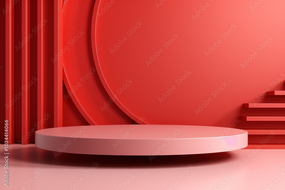 Poster Red 3D Abstract Geometric Background with a Pink Platform