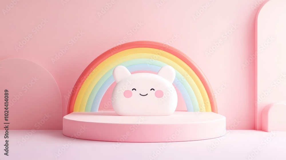 Poster abstract white podium on a soft pink background featuring a whimsical rainbow cartoon character mini