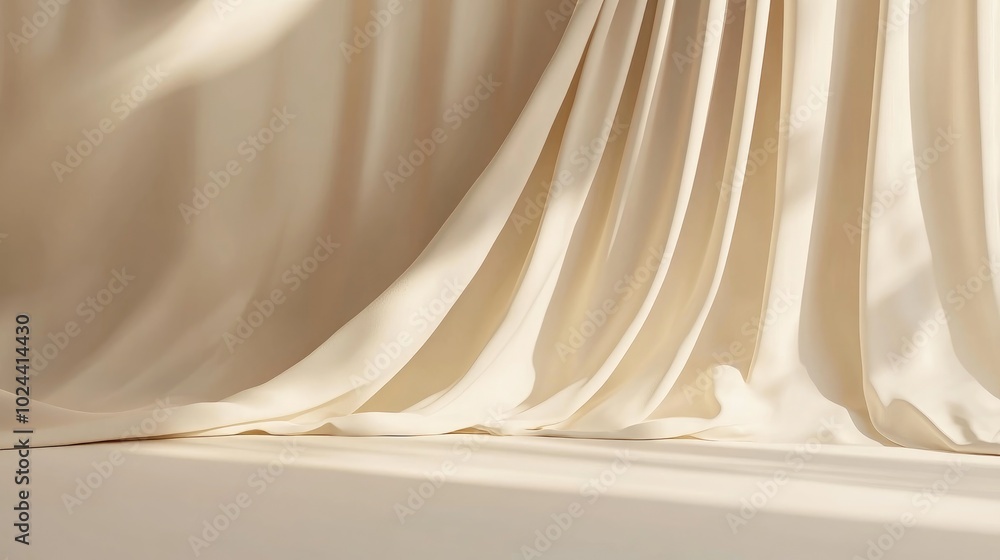 Poster Abstract beige studio backdrop featuring a curtain for product display Unoccupied space with shadows 3D rendering 3D illustration