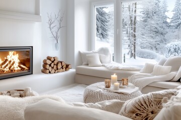 Fototapeta premium A cozy living room with a fireplace, soft white furnishings, and a view of snowy trees, creating a warm, inviting atmosphere.